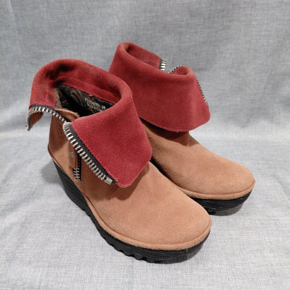 Fly London Yex Brown Suede Fold Over Wedge Zip Ankle Boots Womens Sz 35 US 4.5-5